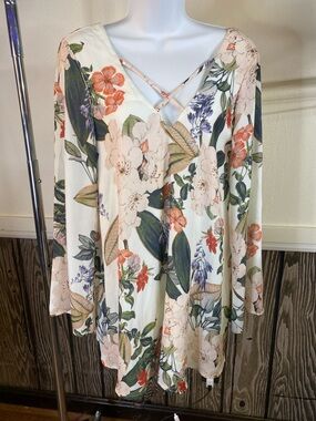 Show Me Your MuMu Cream Floral Mini Dress with Green Leaves & Coral Blooms